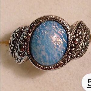 VTG Silver Tone Faux Marcasite Blue Lab Opal Ring Sz. 5 Rare Find Avon